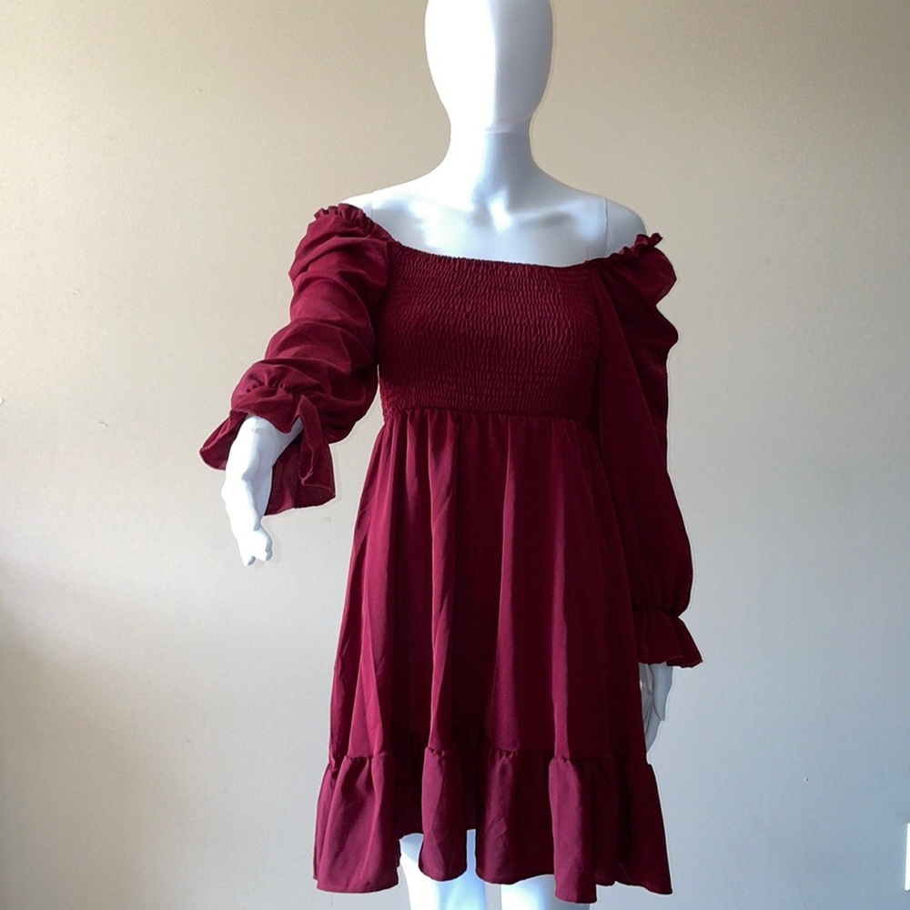 Lyaner Burgundy Ruched dress long sleeve Med New